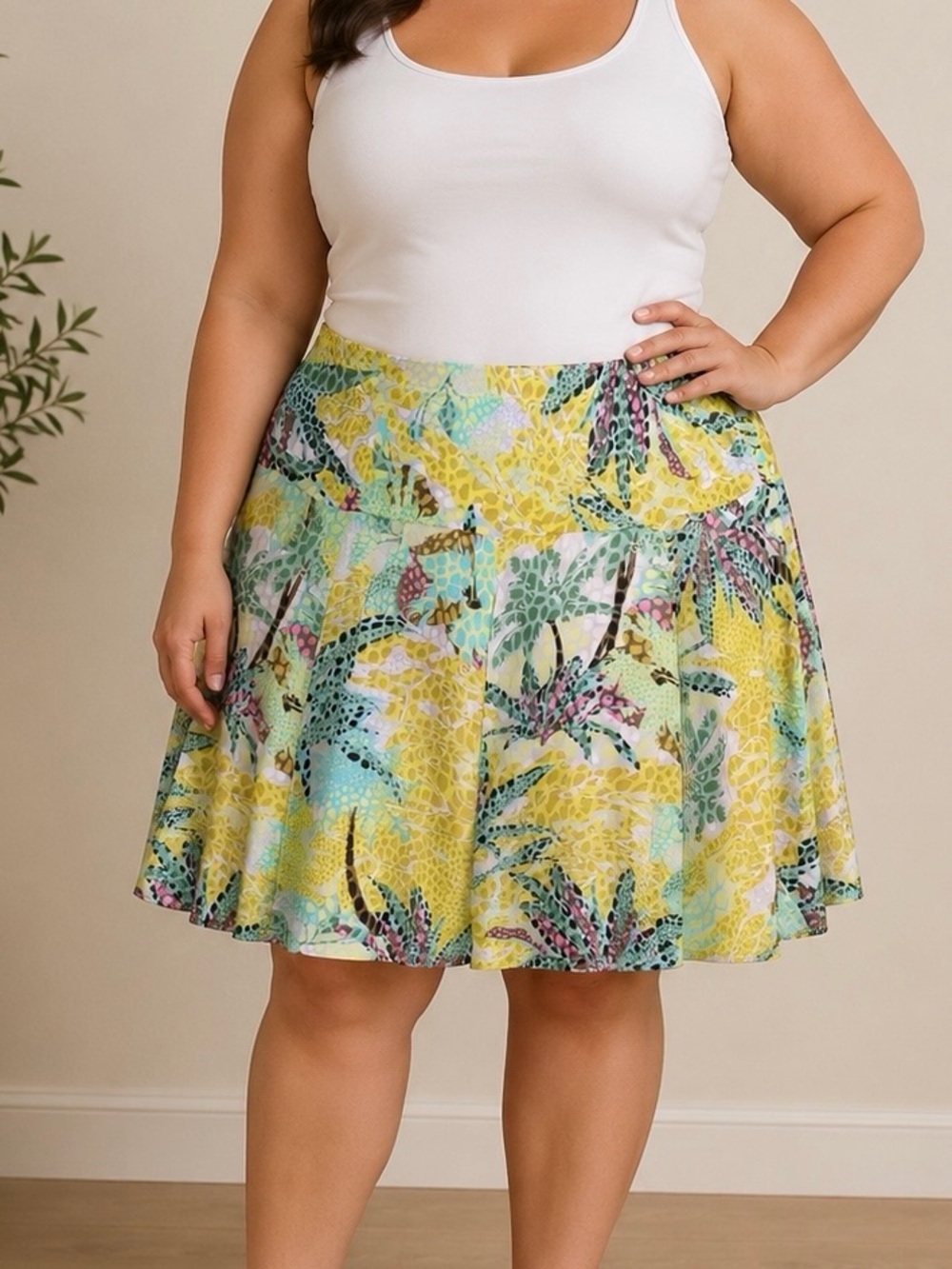 Elliott Lauren Yellow & Lime Green Abstract Palm Tree Dot Print Chiffon Skirt XL